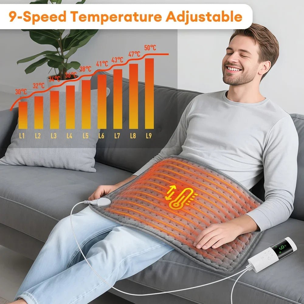 Electric Heating Pad for Back, Neck & Shoulders — 9-Level Heat, 4 Timer Settings, Washable - A S S U A G E