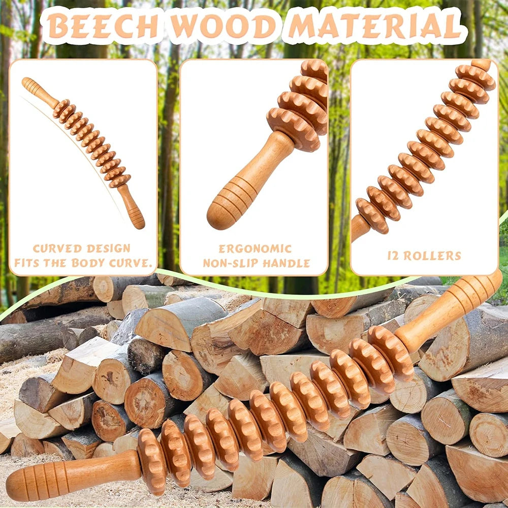 Wooden Massage Roller Stick — Deep Tissue Muscle Relief Tool for Back, Legs & Feet